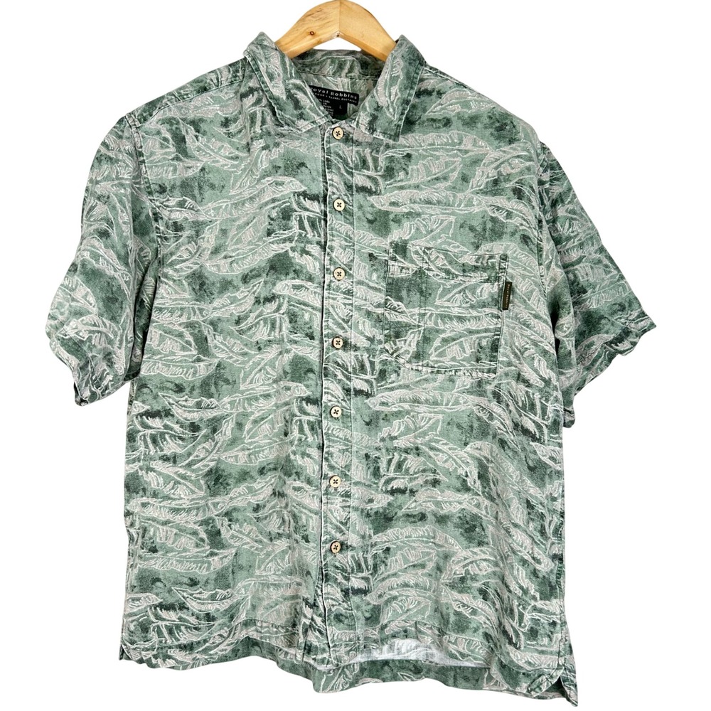 VTG Royal Robbins Hawaiian Shirt Green Palm Leaf Print Linen Blend Men's Large
